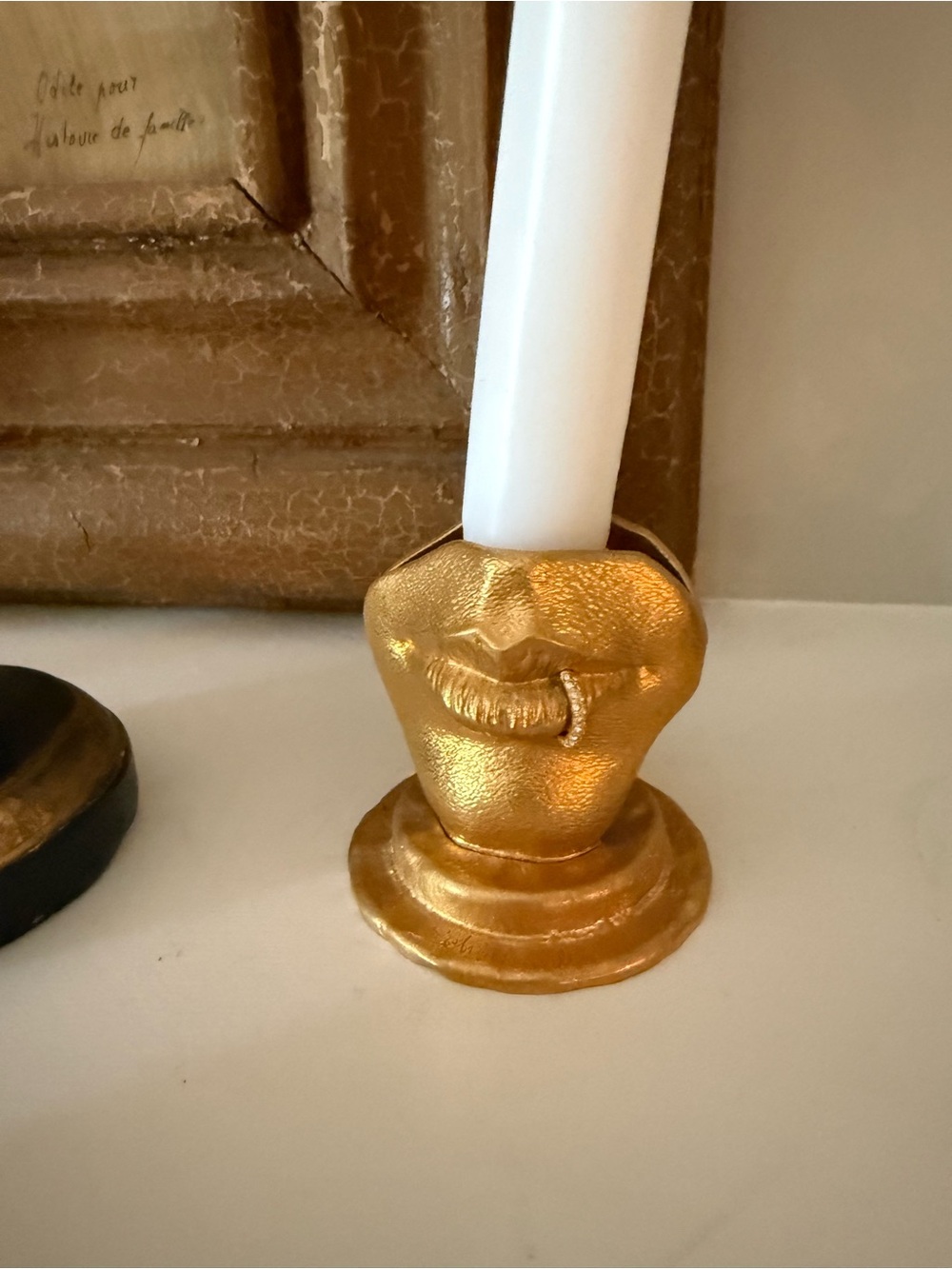 Schiaparelli metal Gold Lip Candle Holder